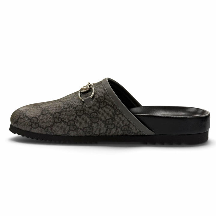 未使用品▼GUCCI グッチ 738964 GGスプリームキャンバス レザー ホースビット ミュール サンダル グレー 7 イタリア製 メンズ 箱付き