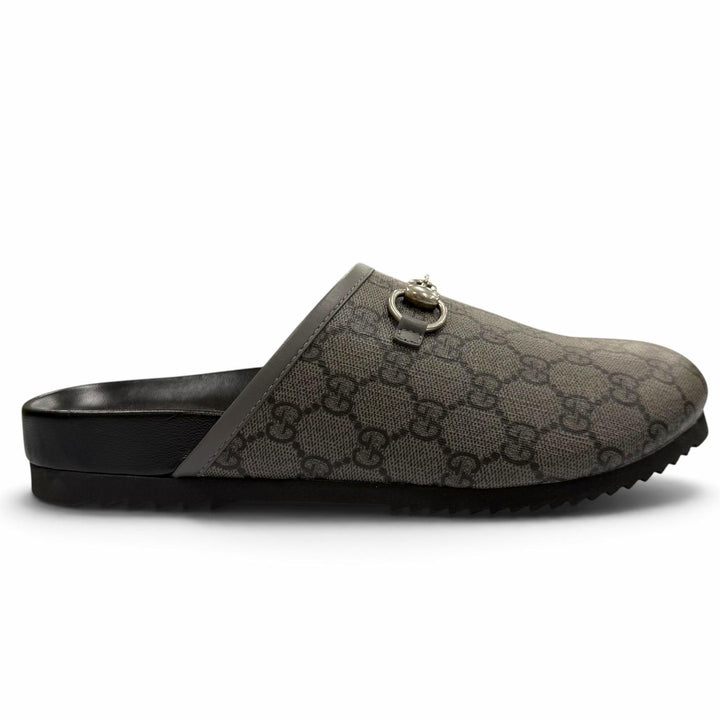 未使用品▼GUCCI グッチ 738964 GGスプリームキャンバス レザー ホースビット ミュール サンダル グレー 7 イタリア製 メンズ 箱付き