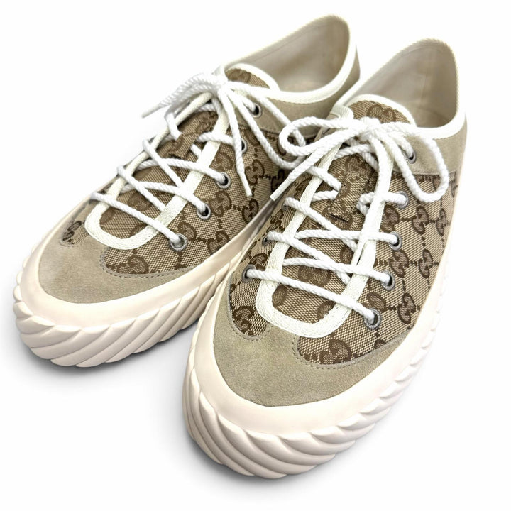 極美品□GUCCI グッチ 738992 GGキャンバス スウェードレザー レースアップ ローカットスニーカー ベージュ 8 スペイン製 メンズ 箱付き
