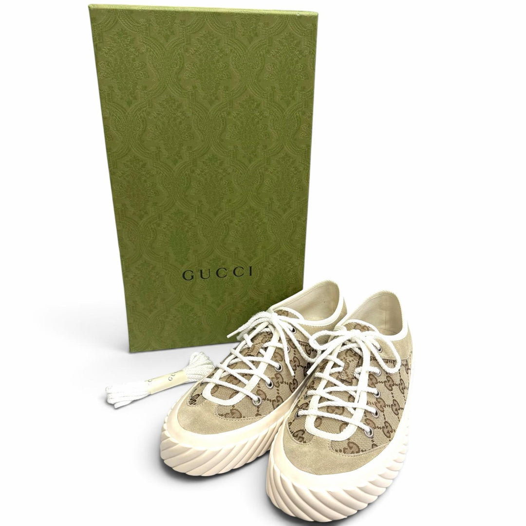 極美品□GUCCI グッチ 738992 GGキャンバス スウェードレザー レースアップ ローカットスニーカー ベージュ 8 スペイン製 メンズ 箱付き