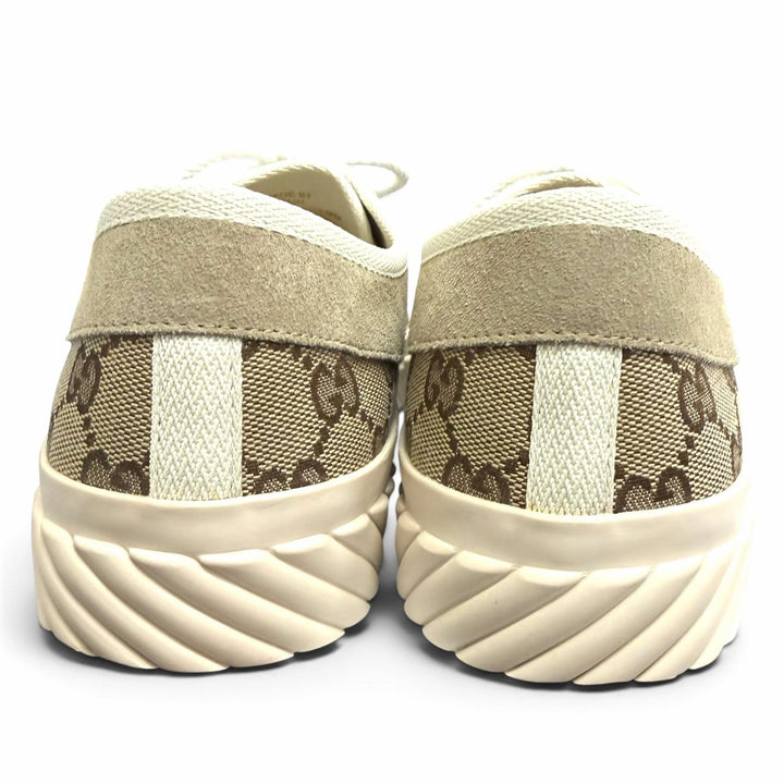 極美品□GUCCI グッチ 738992 GGキャンバス スウェードレザー レースアップ ローカットスニーカー ベージュ 8 スペイン製 メンズ 箱付き