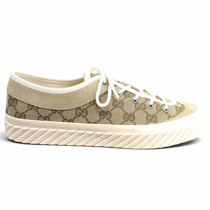 極美品□GUCCI グッチ 738992 GGキャンバス スウェードレザー レースアップ ローカットスニーカー ベージュ 8 スペイン製 メンズ 箱付き