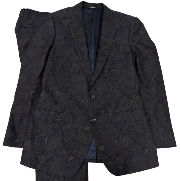 美品□DOLCE&amp;GABBANA ドルチェ＆ガッバーナ MARTINI リーフ エンブロイダリー シングルスーツ ネイビー ブラック 46 イタリア製 正規品