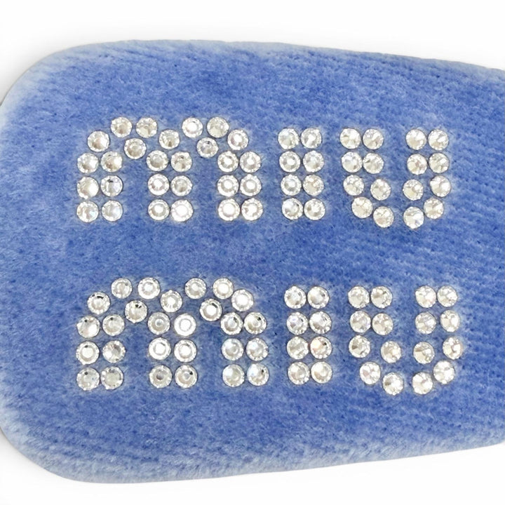美品△MIUMIU ミュウミュウ 5IF092 ロゴラインストーン ベロア ヘアクリップ ヘアアクセサリー バレッタ ブルー シルバー金具 レディース