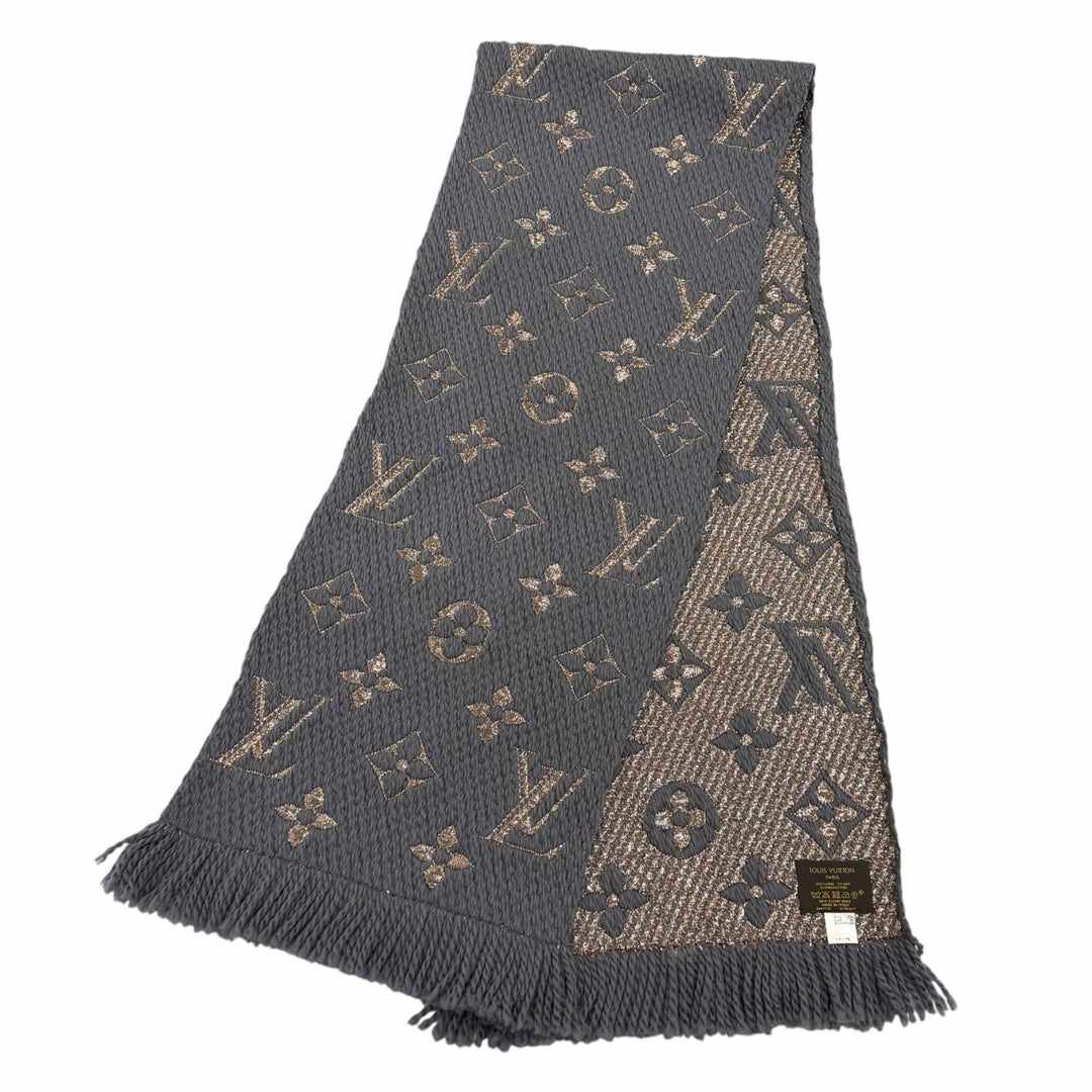 美品★LOUIS VUITTON ルイヴィトン M70467 エシャルプ ロゴマニア シャイン ウール シルク混 グリ マフラー イタリア製 正規品 保存袋付
