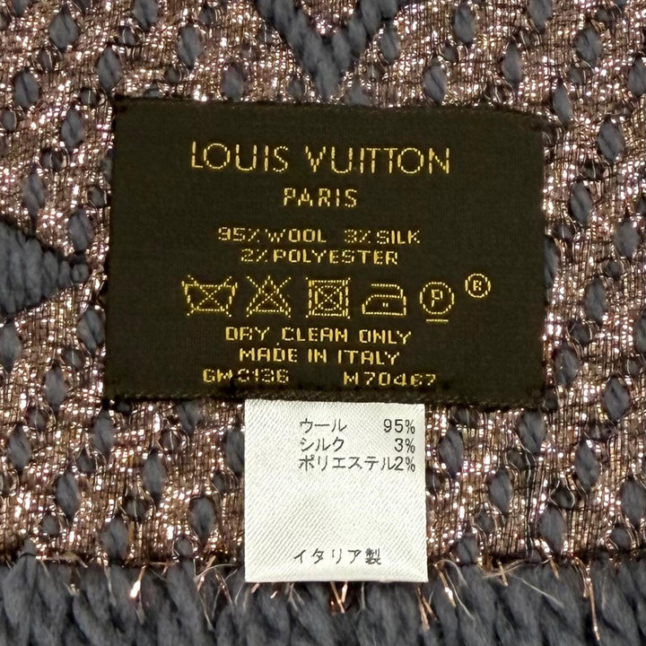 美品★LOUIS VUITTON ルイヴィトン M70467 エシャルプ ロゴマニア シャイン ウール シルク混 グリ マフラー イタリア製 正規品 保存袋付