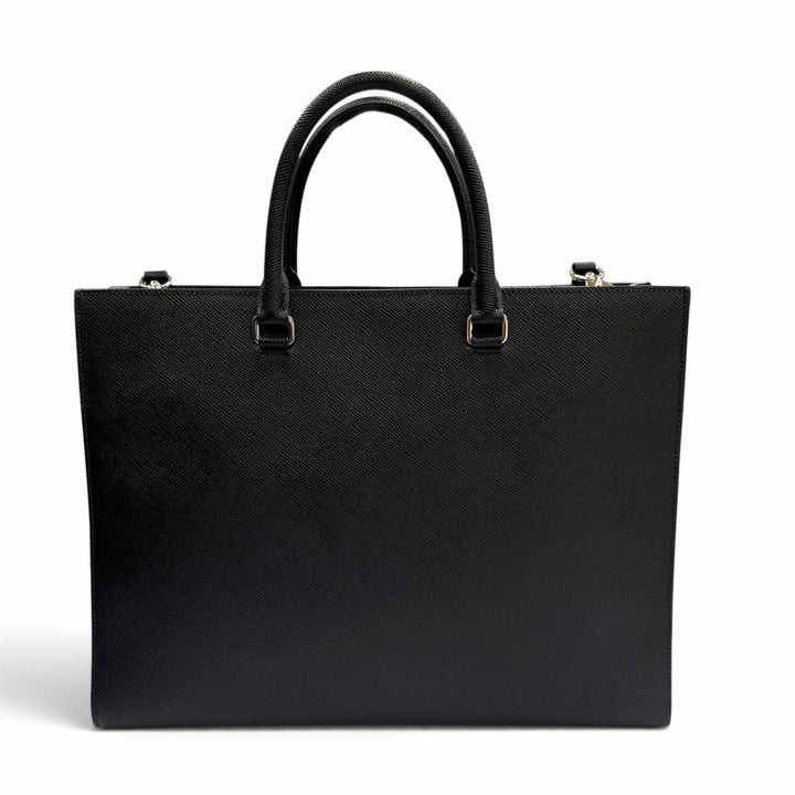 極美品▼PRADA プラダ 2VG101 サフィアーノレザー トライアングルロゴ 三角プレート 2WAY トートバッグ ブラック シルバー金具 伊製