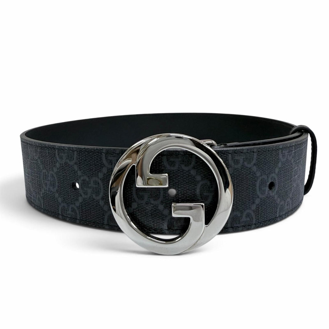 美品☆GUCCI グッチ 703147 GGスプリーム インターロッキングG ベルト ブラック シルバー金具 65/26 イタリア製 レディース 保存袋付き