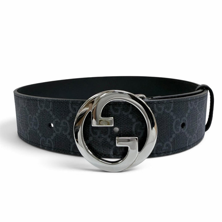 美品☆GUCCI グッチ 703147 GGスプリーム インターロッキングG ベルト ブラック シルバー金具 65/26 イタリア製 レディース 保存袋付き
