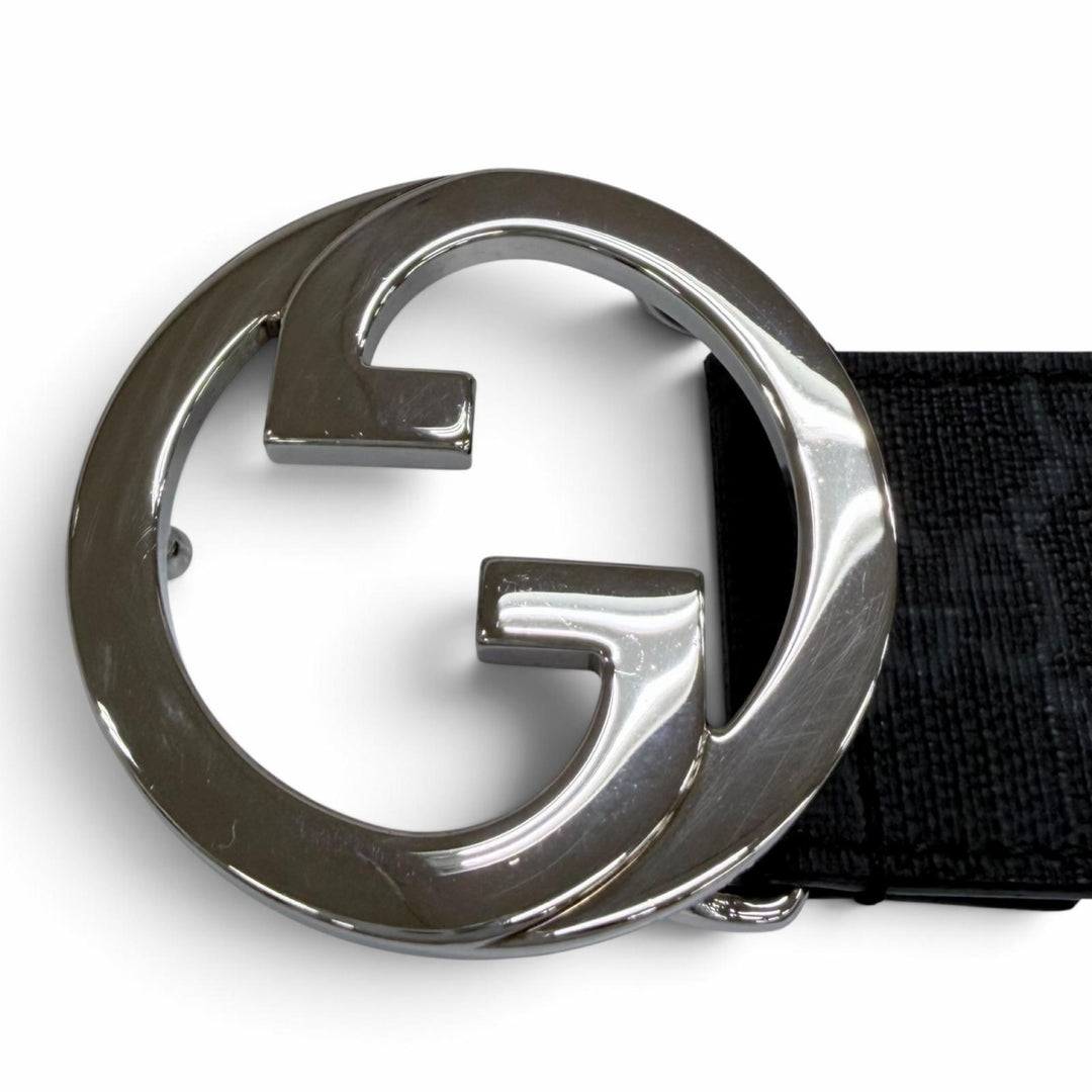 美品☆GUCCI グッチ 703147 GGスプリーム インターロッキングG ベルト ブラック シルバー金具 65/26 イタリア製 レディース 保存袋付き