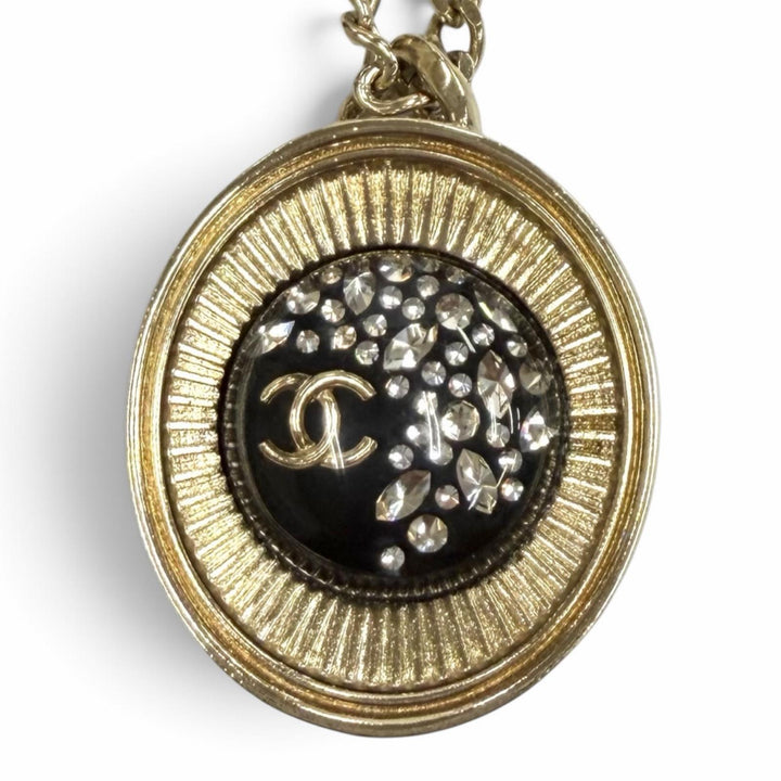 美品★CHANEL シャネル D21B ココマーク ラインストーン チェーン ネックレス ペンダント ゴールド ブラック フランス製 レディース
