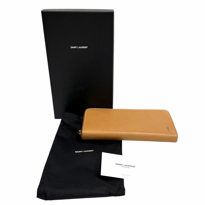 未使用品★SAINT LAURENT PARIS サンローランパリ 687054 ロゴ刻印 レザー ジップアラウンドウォレット 長財布 ライトブラウン 箱・袋付
