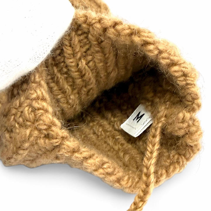 未使用品△HERMES エルメス LOU MITTENS ルー ミトンズ カシミヤ モヘア セリエボタン ロゴパッチ ニット グローブ 手袋 ブラウン M 伊製