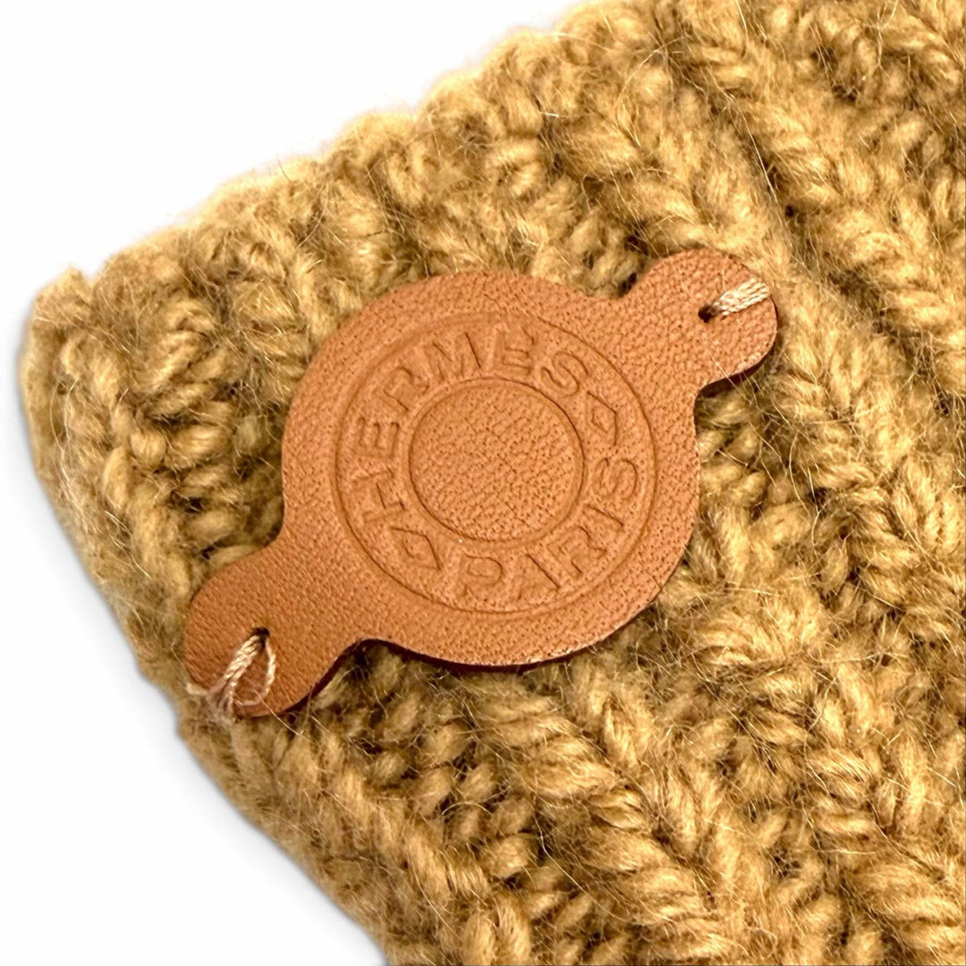 未使用品△HERMES エルメス LOU MITTENS ルー ミトンズ カシミヤ モヘア セリエボタン ロゴパッチ ニット グローブ 手袋 ブラウン M 伊製