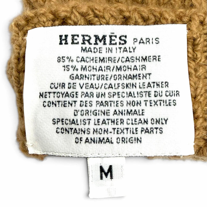 未使用品△HERMES エルメス LOU MITTENS ルー ミトンズ カシミヤ モヘア セリエボタン ロゴパッチ ニット グローブ 手袋 ブラウン M 伊製