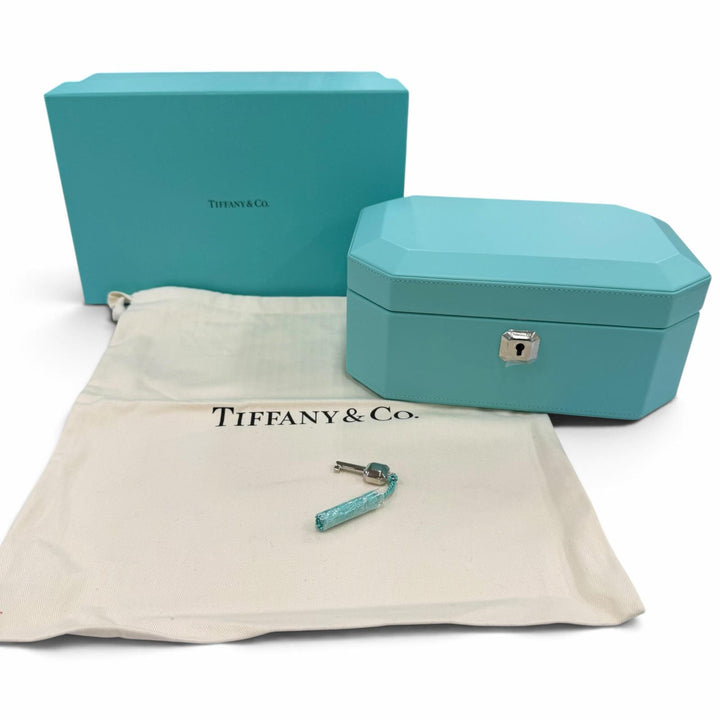 未使用品☆TIFFANY&amp;Co. ティファニー ファセット カスタム ジュエリー ボックス ミディアム レザー 日本限定 鍵付 ブルー 箱・保存袋付き