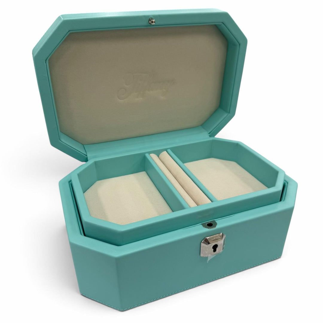 未使用品☆TIFFANY&amp;Co. ティファニー ファセット カスタム ジュエリー ボックス ミディアム レザー 日本限定 鍵付 ブルー 箱・保存袋付き