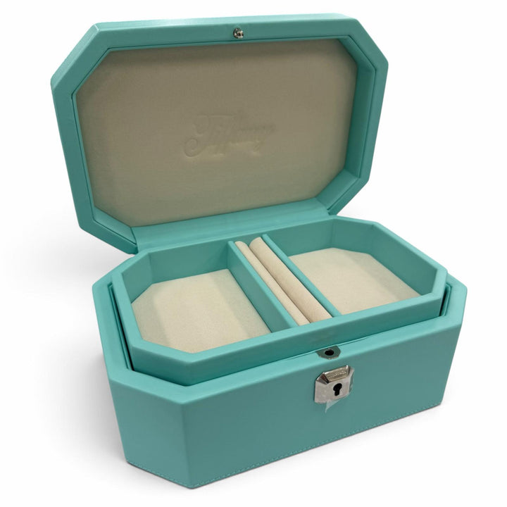 未使用品☆TIFFANY&amp;Co. ティファニー ファセット カスタム ジュエリー ボックス ミディアム レザー 日本限定 鍵付 ブルー 箱・保存袋付き