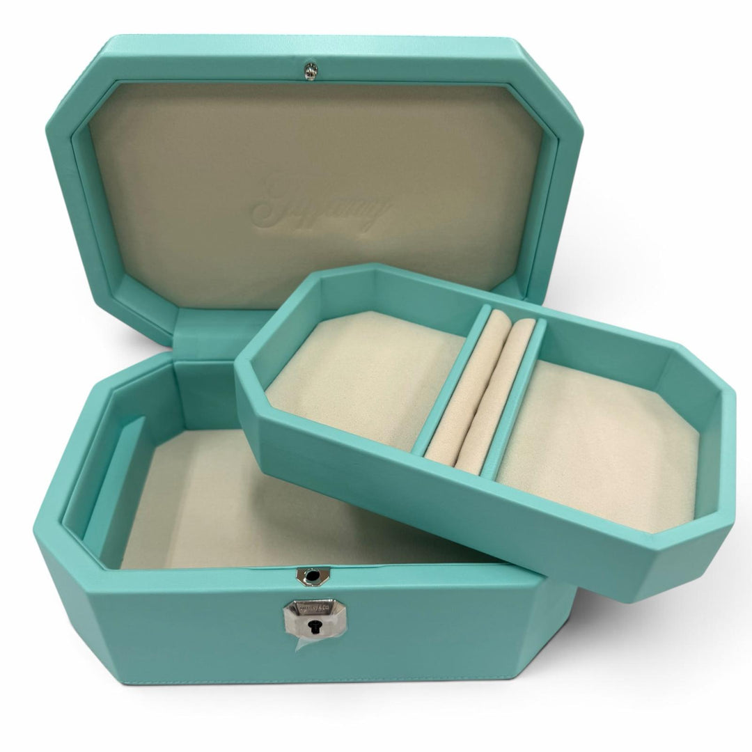 未使用品☆TIFFANY&amp;Co. ティファニー ファセット カスタム ジュエリー ボックス ミディアム レザー 日本限定 鍵付 ブルー 箱・保存袋付き