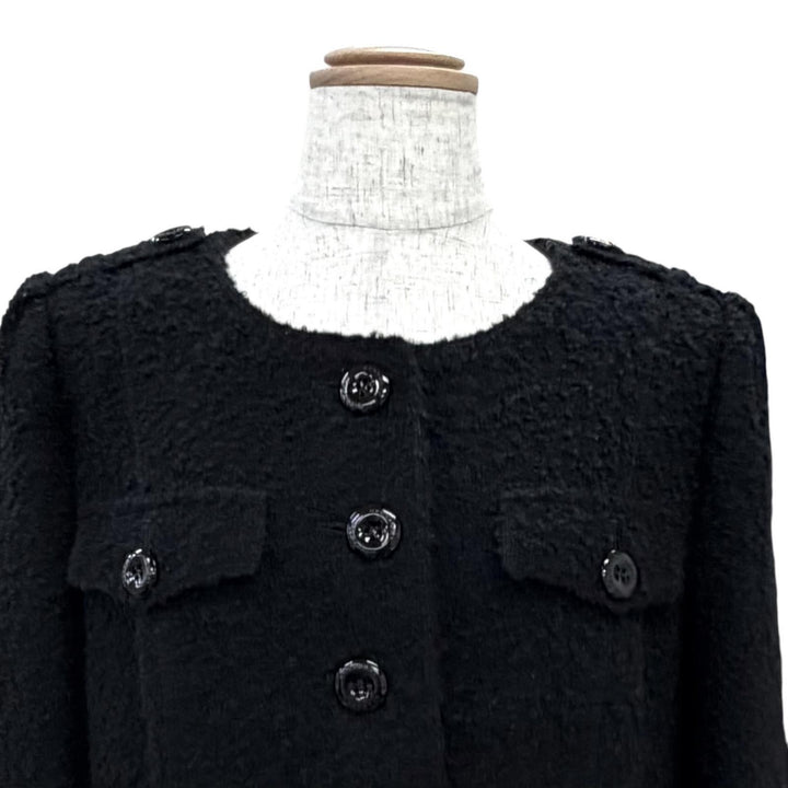 美品△BURBERRY LONDON バーバリーロンドン ウール モヘア ロゴボタン ノーカラー ロング コート ブラック 44 日本製 正規品 レディース
