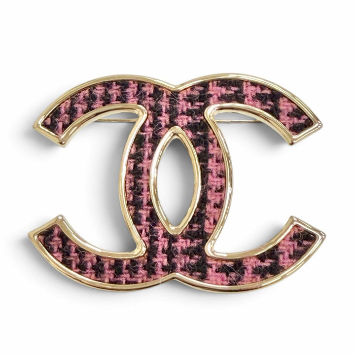 美品△CHANEL シャネル B22K AB9482 ココマーク CCロゴ ツイード ブローチ ゴールド ピンク ブラック イタリア製 レディース オススメ◎
