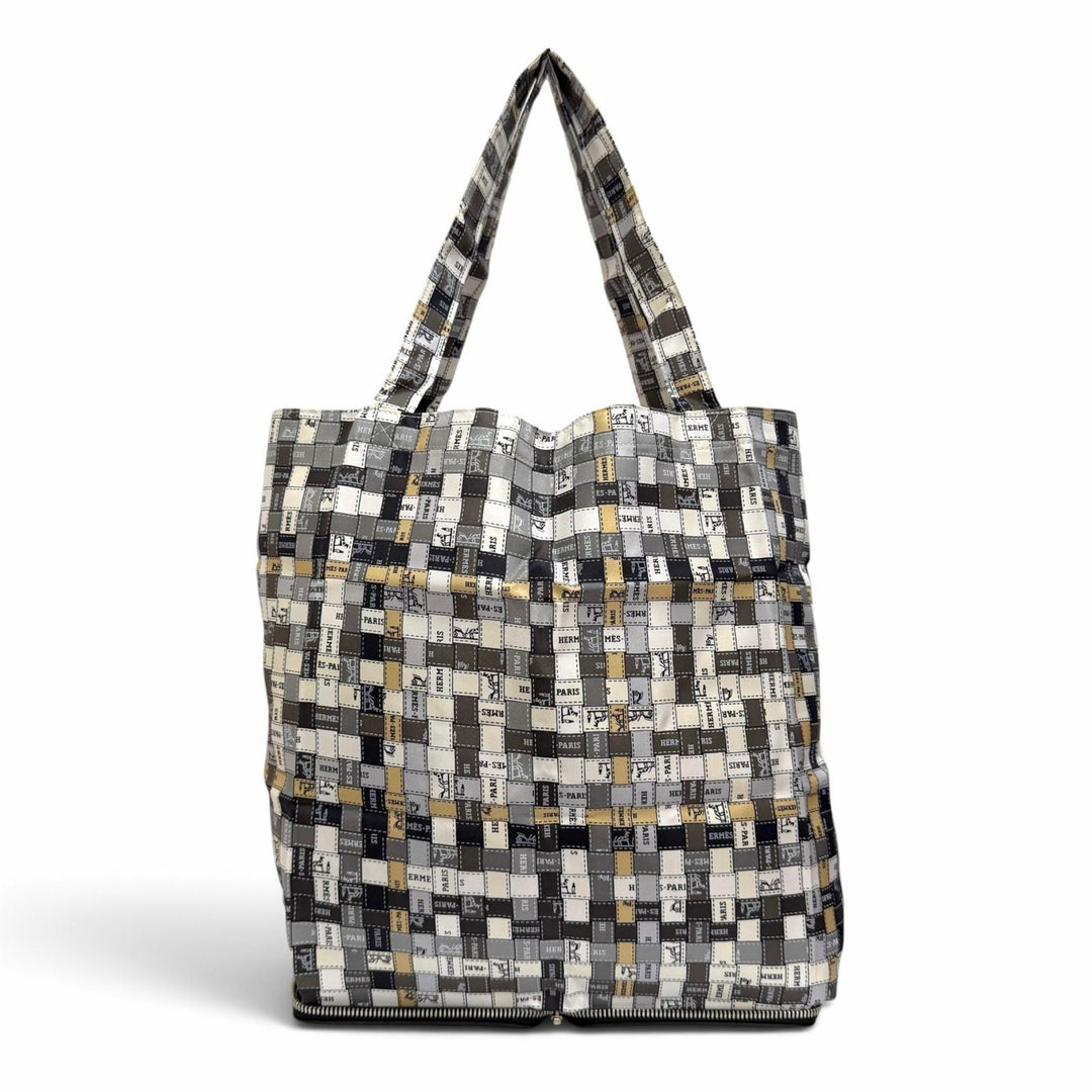 極美品△HERMES エルメス シルキーポップ ボルデュックチェック レザー使い ブッフルスキッパー トートバッグ エコバッグ ブラック 箱付