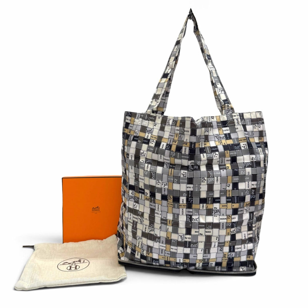 極美品△HERMES エルメス シルキーポップ ボルデュックチェック レザー使い ブッフルスキッパー トートバッグ エコバッグ ブラック 箱付