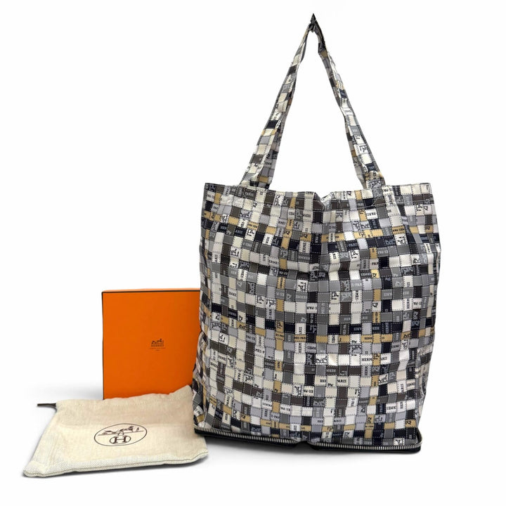 極美品△HERMES エルメス シルキーポップ ボルデュックチェック レザー使い ブッフルスキッパー トートバッグ エコバッグ ブラック 箱付