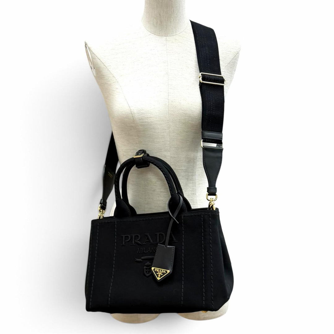 極美品★PRADA プラダ ジャルディニエール スモール コットンキャンバス ハンドバッグ カナパ 2WAY 定価363000円 保存袋付き