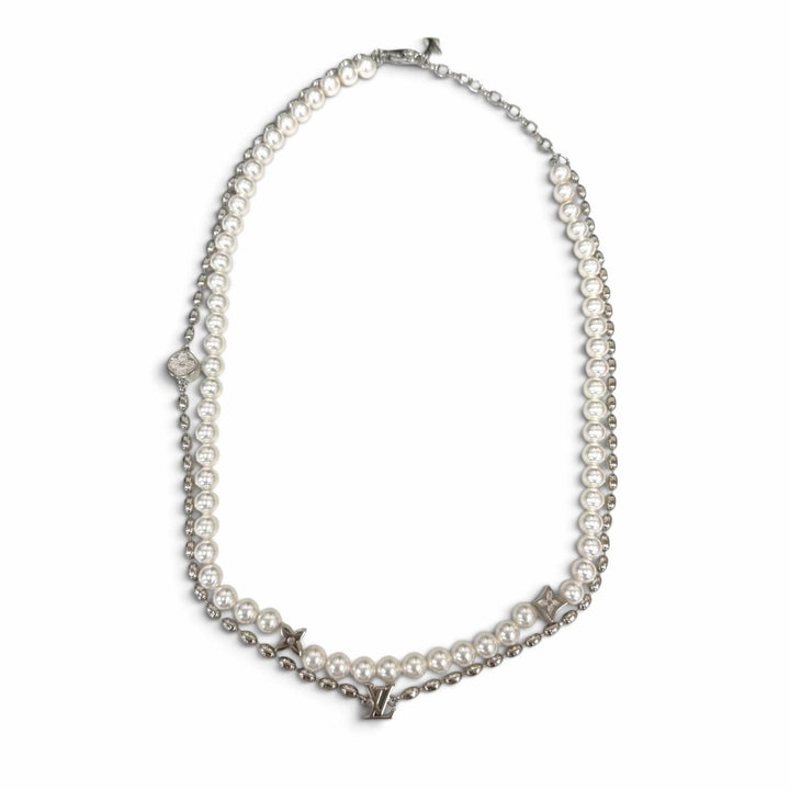 美品□LOUIS VUITTON ルイヴィトン 2024年製 M01781 ネックレス・パール フュージョン シルバー ホワイト メンズ 定価173800円 箱・袋付