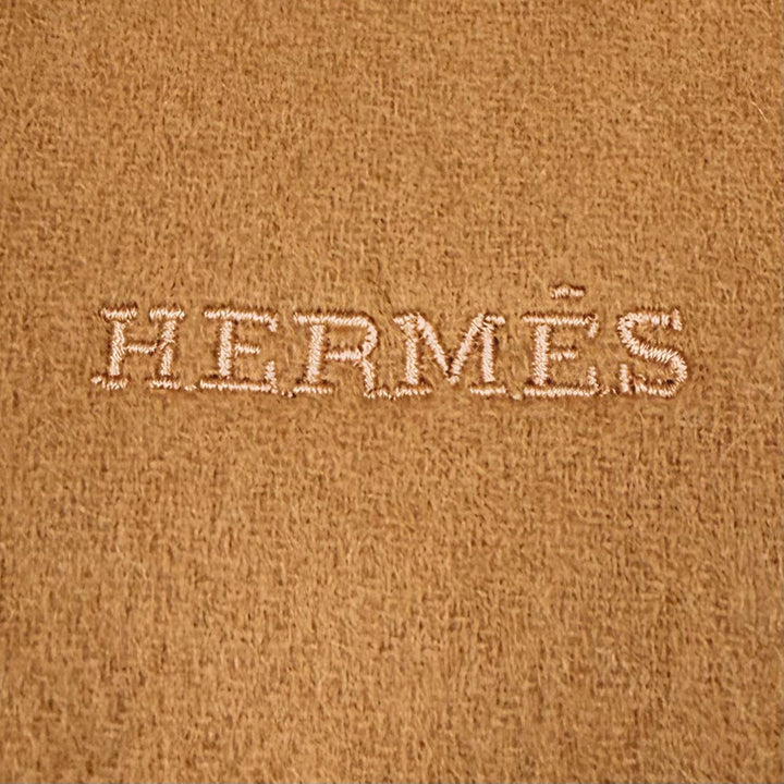 美品▼HERMES エルメス レクトヴェルソ カシミヤ100% ロゴ刺繍 フリンジ マフラー キャメル ベージュ 英国製 メンズ レディース