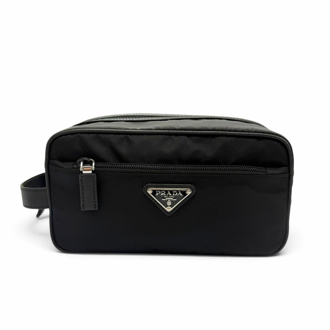 極美品▼PRADA プラダ 2NA819 ナイロン レザー トライアングルロゴ 三角プレート セカンドバッグ クラッチバッグ ブラック シルバー金具