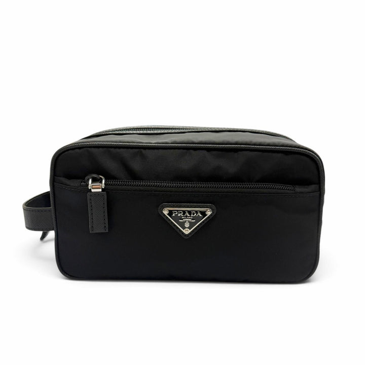 極美品▼PRADA プラダ 2NA819 ナイロン レザー トライアングルロゴ 三角プレート セカンドバッグ クラッチバッグ ブラック シルバー金具