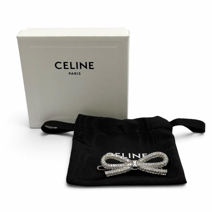 極美品★CELINE セリーヌ 461GW6BZ トリオンフ ラインストーン リボン ボウヘアクリップ ヘアアクセサリー シルバー 伊製 箱・保存袋付き