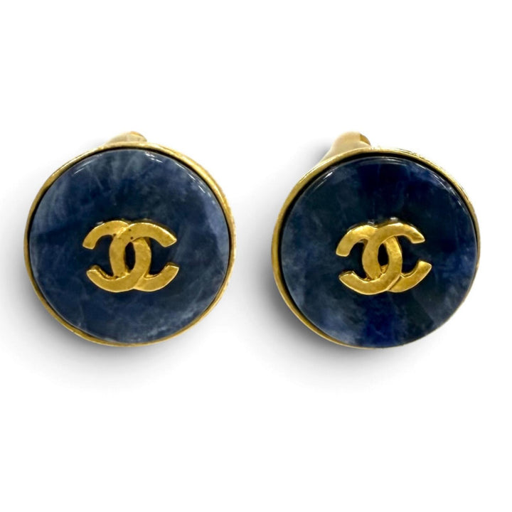 美品★CHANEL シャネル ヴィンテージ 95A ココマーク ブルーマーブル イヤリング アクセサリー ブルー ゴールド フランス製 箱付き