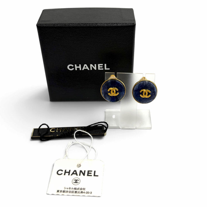 美品★CHANEL シャネル ヴィンテージ 95A ココマーク ブルーマーブル イヤリング アクセサリー ブルー ゴールド フランス製 箱付き