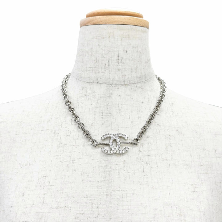 良品△CHANEL シャネル B25C ABE839 ココマーク ラインストーン チェーン ネックレス アクセサリー シルバー イタリア製 レディース