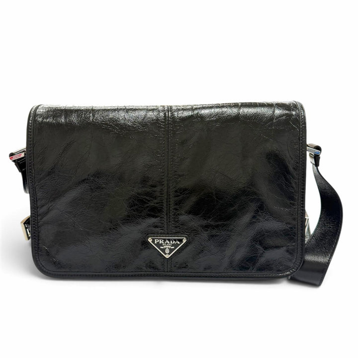 美品▼PRADA プラダ 2VD073 ソフトルックスレザー トライアングルロゴ 三角プレート ショルダーバッグ ブラック イタリア製 定価522500円