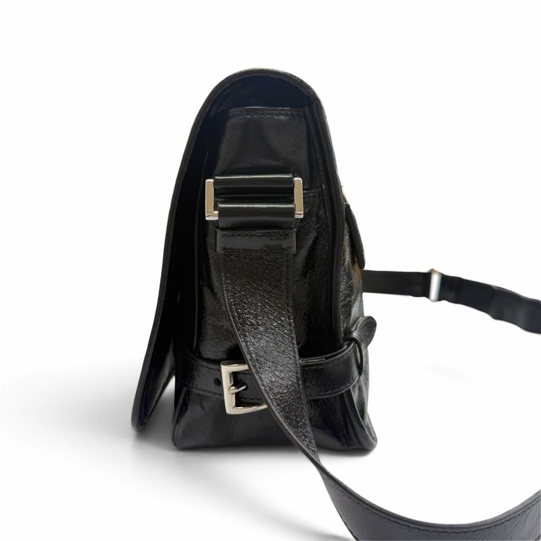 美品▼PRADA プラダ 2VD073 ソフトルックスレザー トライアングルロゴ 三角プレート ショルダーバッグ ブラック イタリア製 定価522500円