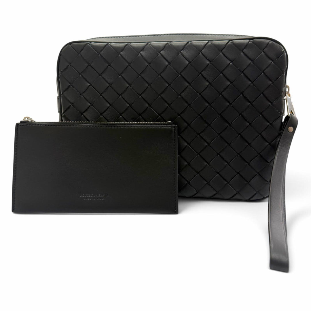 極美品▼BOTTEGAVENETA ボッテガヴェネタ 649916 レザー イントレチャート ポーチ付き セカンドバッグ クラッチバッグ ブラック メンズ