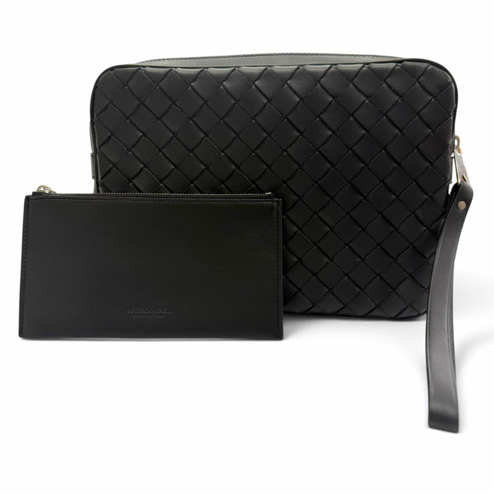 極美品▼BOTTEGAVENETA ボッテガヴェネタ 649916 レザー イントレチャート ポーチ付き セカンドバッグ クラッチバッグ ブラック メンズ