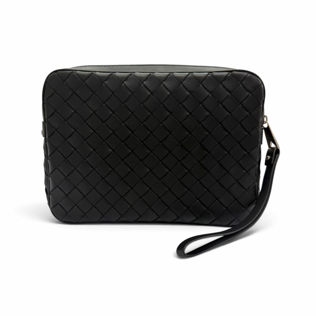 極美品▼BOTTEGAVENETA ボッテガヴェネタ 649916 レザー イントレチャート ポーチ付き セカンドバッグ クラッチバッグ ブラック メンズ
