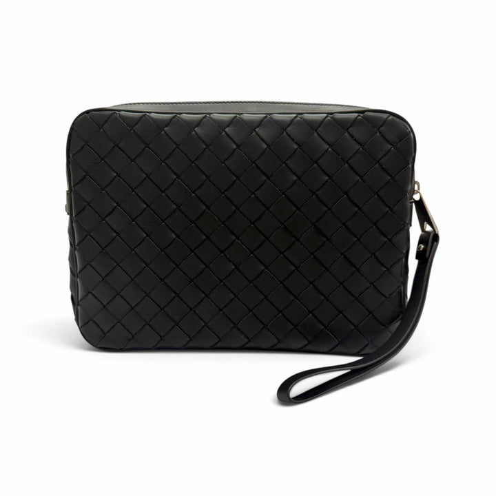 極美品▼BOTTEGAVENETA ボッテガヴェネタ 649916 レザー イントレチャート ポーチ付き セカンドバッグ クラッチバッグ ブラック メンズ