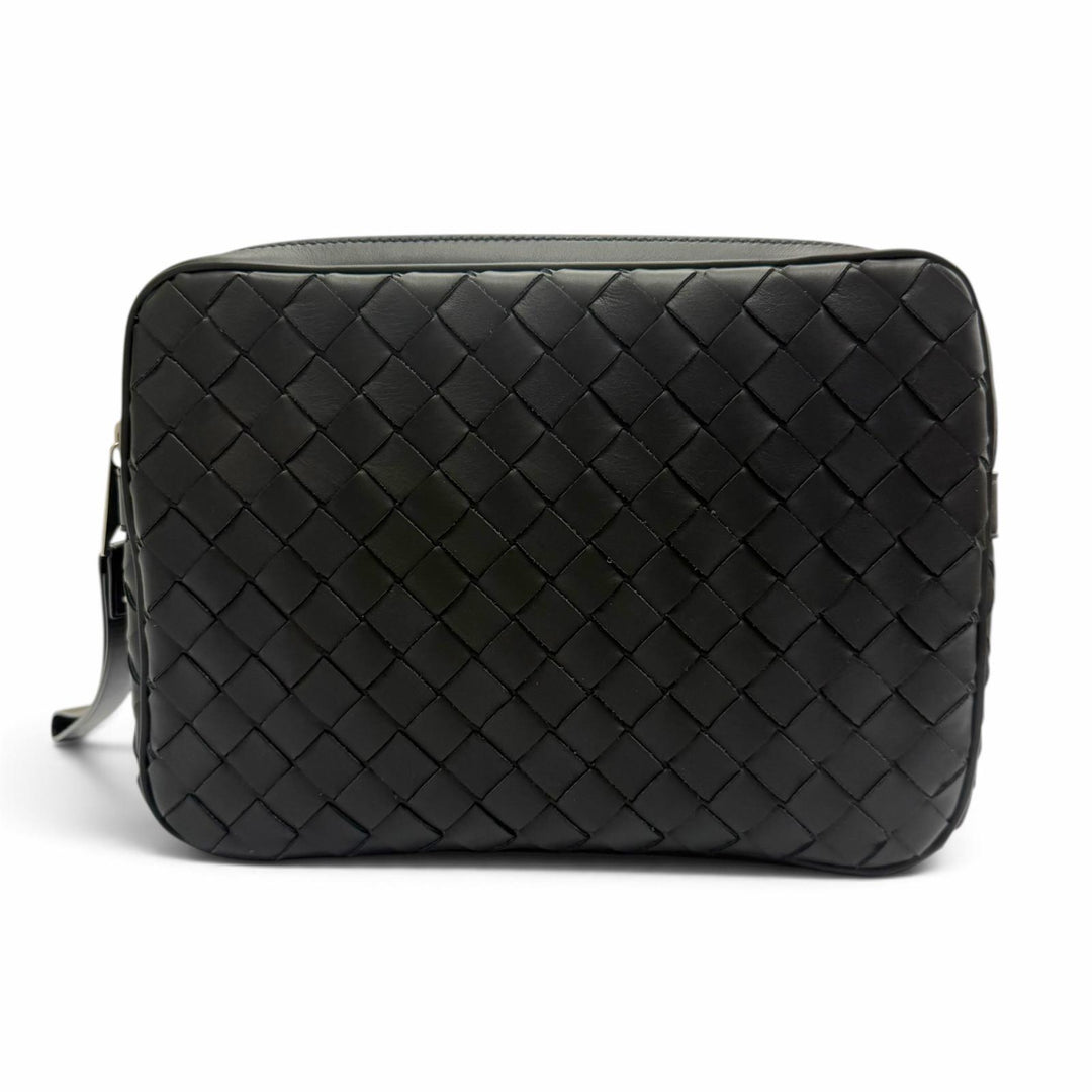 極美品▼BOTTEGAVENETA ボッテガヴェネタ 649916 レザー イントレチャート ポーチ付き セカンドバッグ クラッチバッグ ブラック メンズ