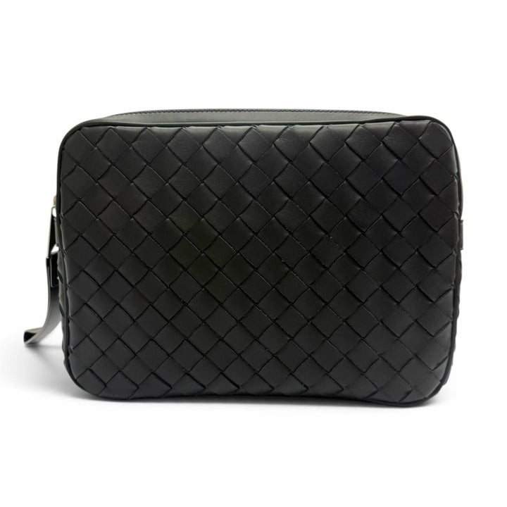 極美品▼BOTTEGAVENETA ボッテガヴェネタ 649916 レザー イントレチャート ポーチ付き セカンドバッグ クラッチバッグ ブラック メンズ