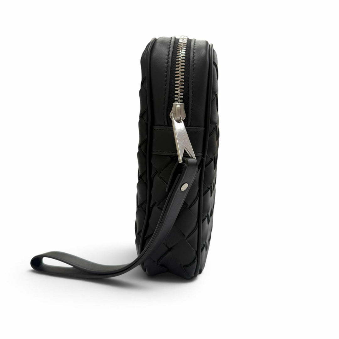 極美品▼BOTTEGAVENETA ボッテガヴェネタ 649916 レザー イントレチャート ポーチ付き セカンドバッグ クラッチバッグ ブラック メンズ