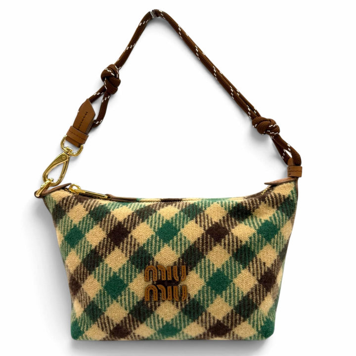 極美品☆MIUMIU ミュウミュウ 5NE841 スピリット ギャバジン ポーチ ウール コットン チェック ハンドバッグ グリーン ブラウン 保存袋付