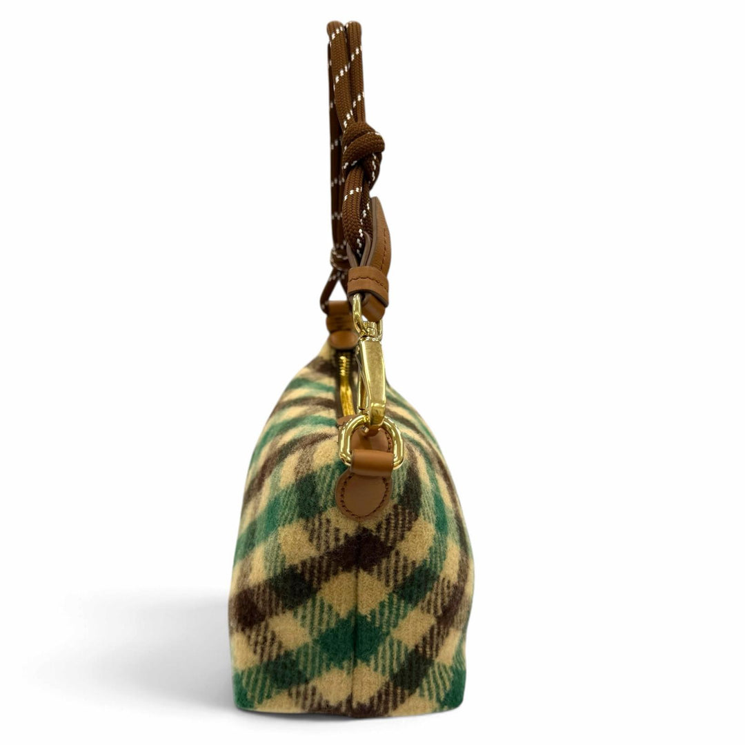 極美品☆MIUMIU ミュウミュウ 5NE841 スピリット ギャバジン ポーチ ウール コットン チェック ハンドバッグ グリーン ブラウン 保存袋付