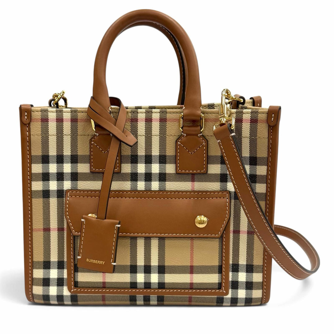 極美品★BURBERRY バーバリー 8097566 ノバチェック柄 レザー使い ミニ フレイヤトート 2WAY ショルダーバッグ ベージュ ブラウン 伊製