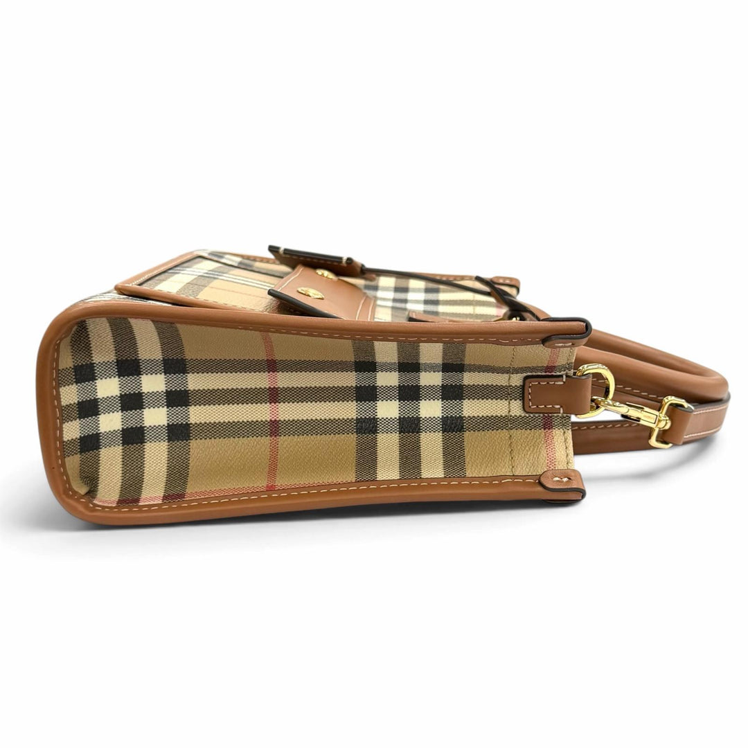 極美品★BURBERRY バーバリー 8097566 ノバチェック柄 レザー使い ミニ フレイヤトート 2WAY ショルダーバッグ ベージュ ブラウン 伊製